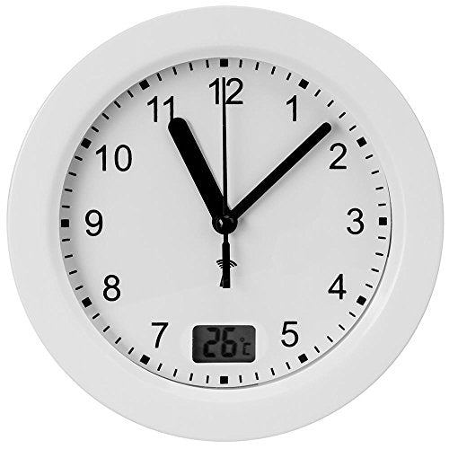 TFA Dostmann Analoge Badezimmer Uhr Funk, 60.3501, mit digitaler Temperaturanzeige, feuchtigkeitsgeschützt, ohne Bohren, 4 Saugnäpfe, Funkuhr, inkl Thermometer, 17 x 5,9 cm, Silber