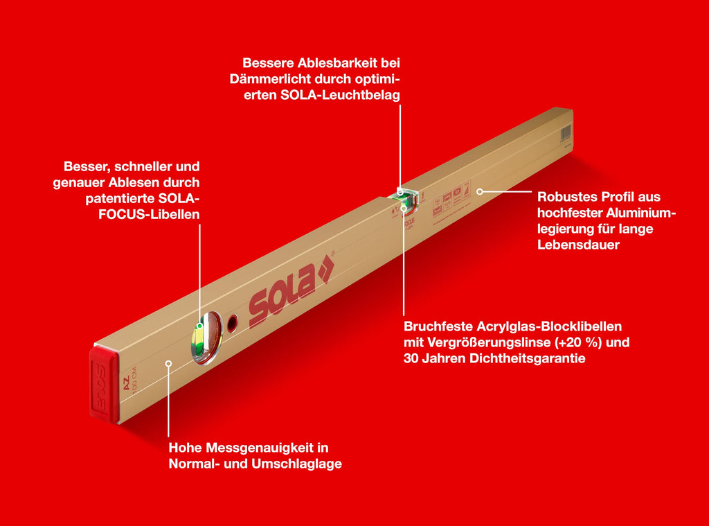 SOLA AZ 100 - Wasserwage 100 cm - patentierte SOLA-FOCUS Libelle
