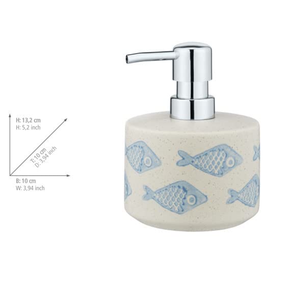 WENKO Seifenspender, nachfüllbar für Flüssigseife/Lotion, Keramik | matt weiß mit blauer, maritimer Szenerie, handbemalt, Ø 10 x 13,2 cm, 475 ml, Mod. Aquamarin
