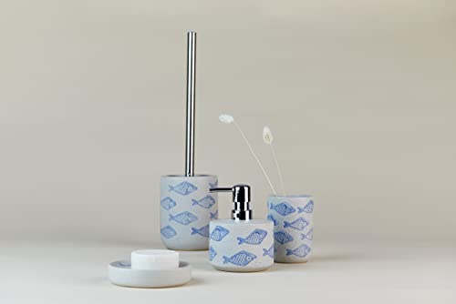 WENKO Seifenspender, nachfüllbar für Flüssigseife/Lotion, Keramik | matt weiß mit blauer, maritimer Szenerie, handbemalt, Ø 10 x 13,2 cm, 475 ml, Mod. Aquamarin