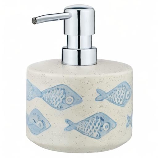 WENKO Seifenspender, nachfüllbar für Flüssigseife/Lotion, Keramik | matt weiß mit blauer, maritimer Szenerie, handbemalt, Ø 10 x 13,2 cm, 475 ml, Mod. Aquamarin