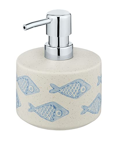 WENKO Seifenspender, nachfüllbar für Flüssigseife/Lotion, Keramik | matt weiß mit blauer, maritimer Szenerie, handbemalt, Ø 10 x 13,2 cm, 475 ml, Mod. Aquamarin