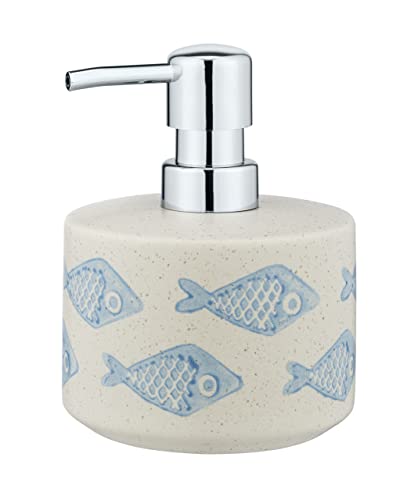 WENKO Seifenspender, nachfüllbar für Flüssigseife/Lotion, Keramik | matt weiß mit blauer, maritimer Szenerie, handbemalt, Ø 10 x 13,2 cm, 475 ml, Mod. Aquamarin