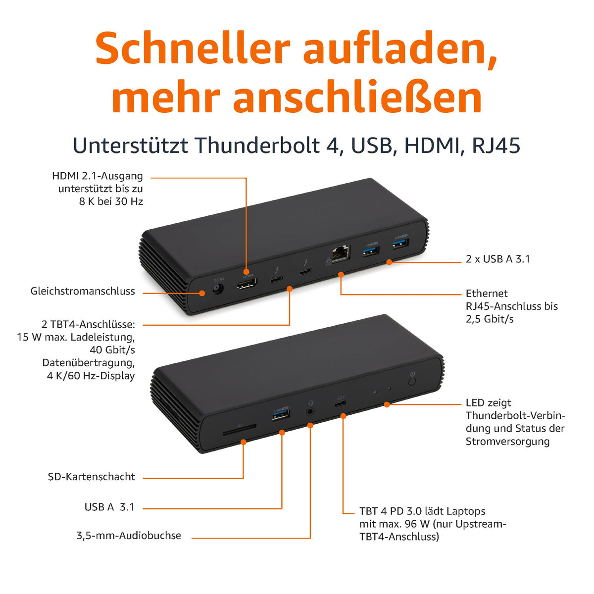 Amazon Basics Thunderbolt 4/USB 4 Pro-Dockingstation, 2 x TBT4, 1 x HDMI 2.1, 3 x USB A 3.1, RJ45, Dual-Display, Schwarz, 19,96 x 7,5 x 3,12 cm