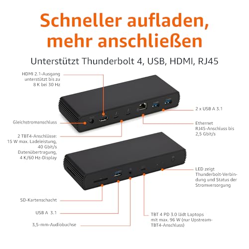 Amazon Basics Thunderbolt 4/USB 4 Pro-Dockingstation, 2 x TBT4, 1 x HDMI 2.1, 3 x USB A 3.1, RJ45, Dual-Display, Schwarz, 19,96 x 7,5 x 3,12 cm