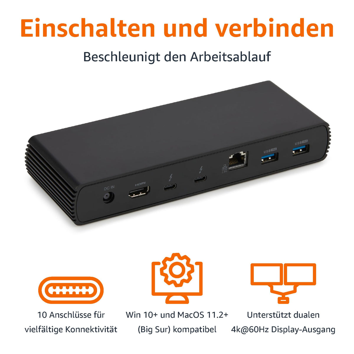 Amazon Basics Thunderbolt 4/USB 4 Pro-Dockingstation, 2 x TBT4, 1 x HDMI 2.1, 3 x USB A 3.1, RJ45, Dual-Display, Schwarz, 19,96 x 7,5 x 3,12 cm