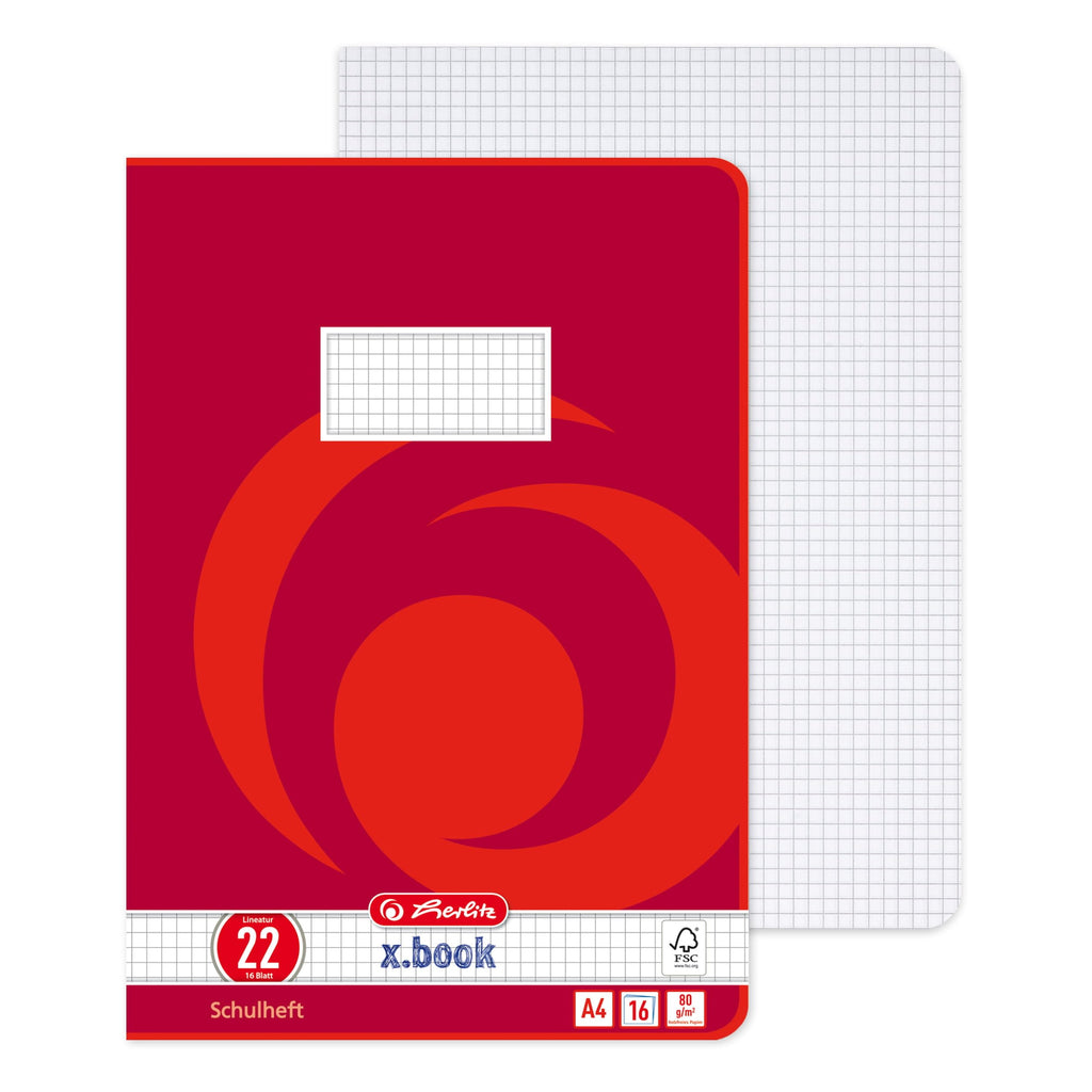 Herlitz Schulheft x.book A4, kariert, Lineatur 22, 16 Blatt, 10 Stück