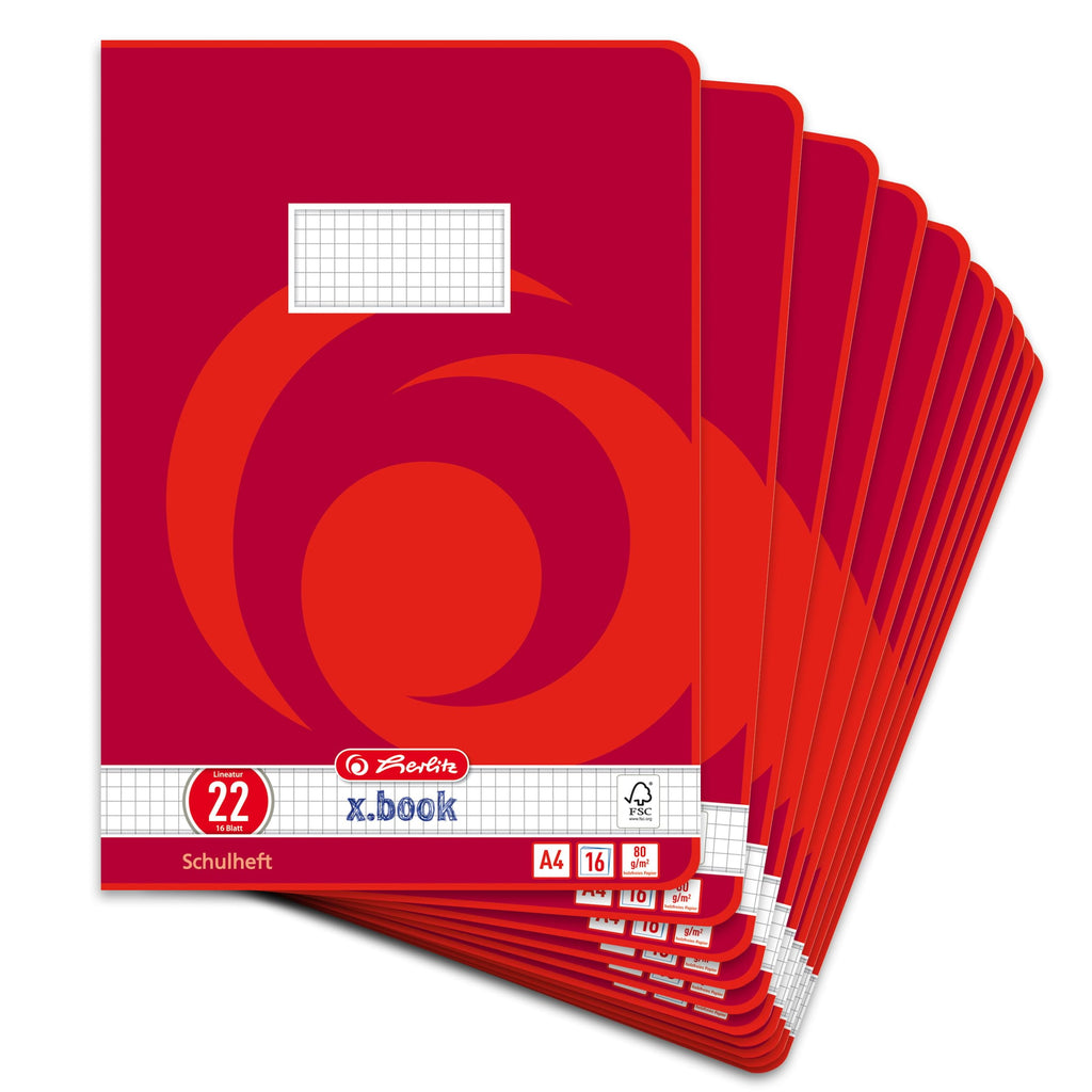 Herlitz Schulheft x.book A4, kariert, Lineatur 22, 16 Blatt, 10 Stück