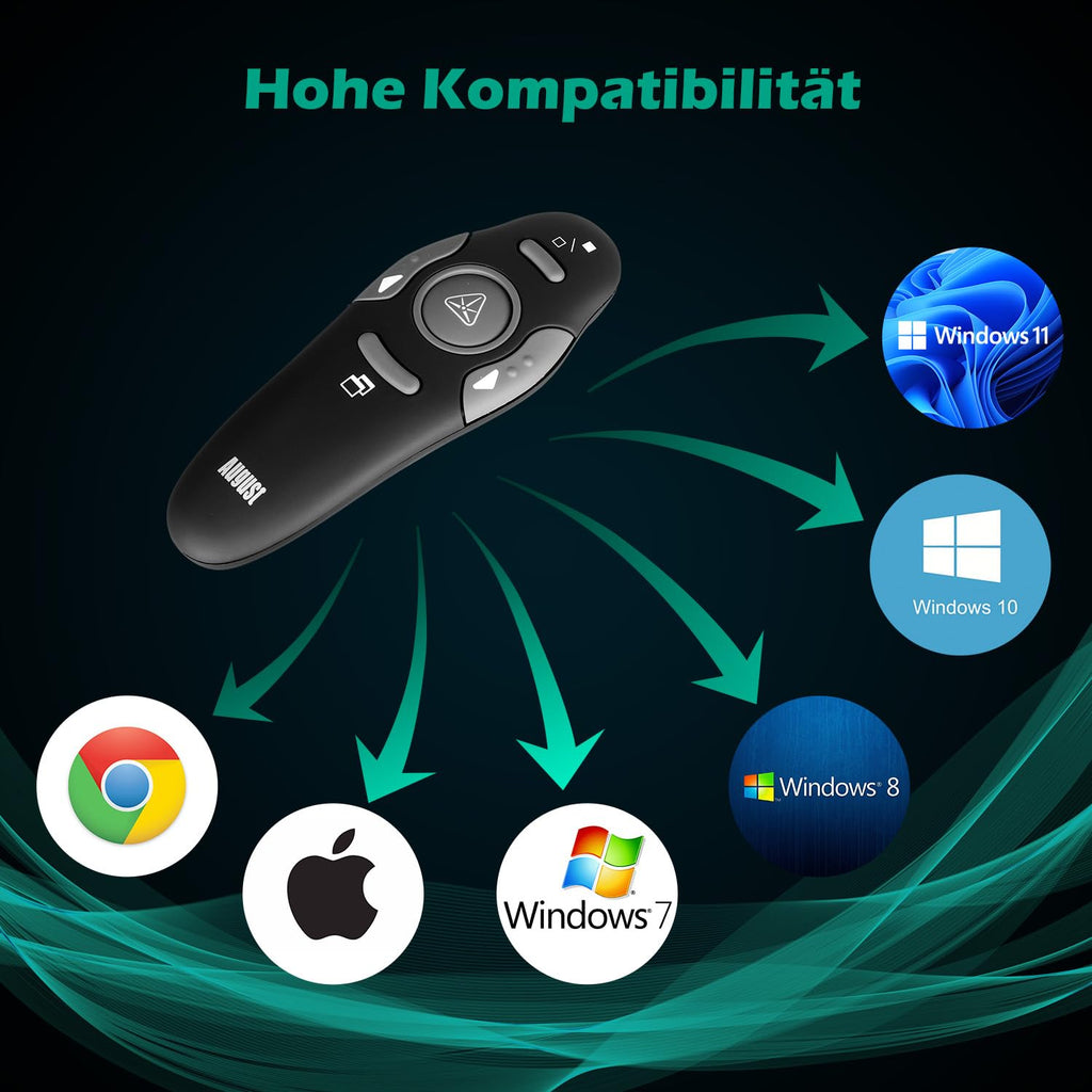 August LP205 Wireless Presenter 2.4GHz mit Highlighter, Shortcuts und Etui