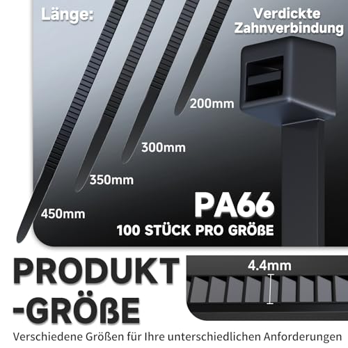 ZENIX Profi-Kabelbinder Set 400 Stück 200/300/350/450mm (je 100 Stück)| UV-beständig bis +85°C | 28Kg Zugfestigkeit | Für Innen- & Außenbereich