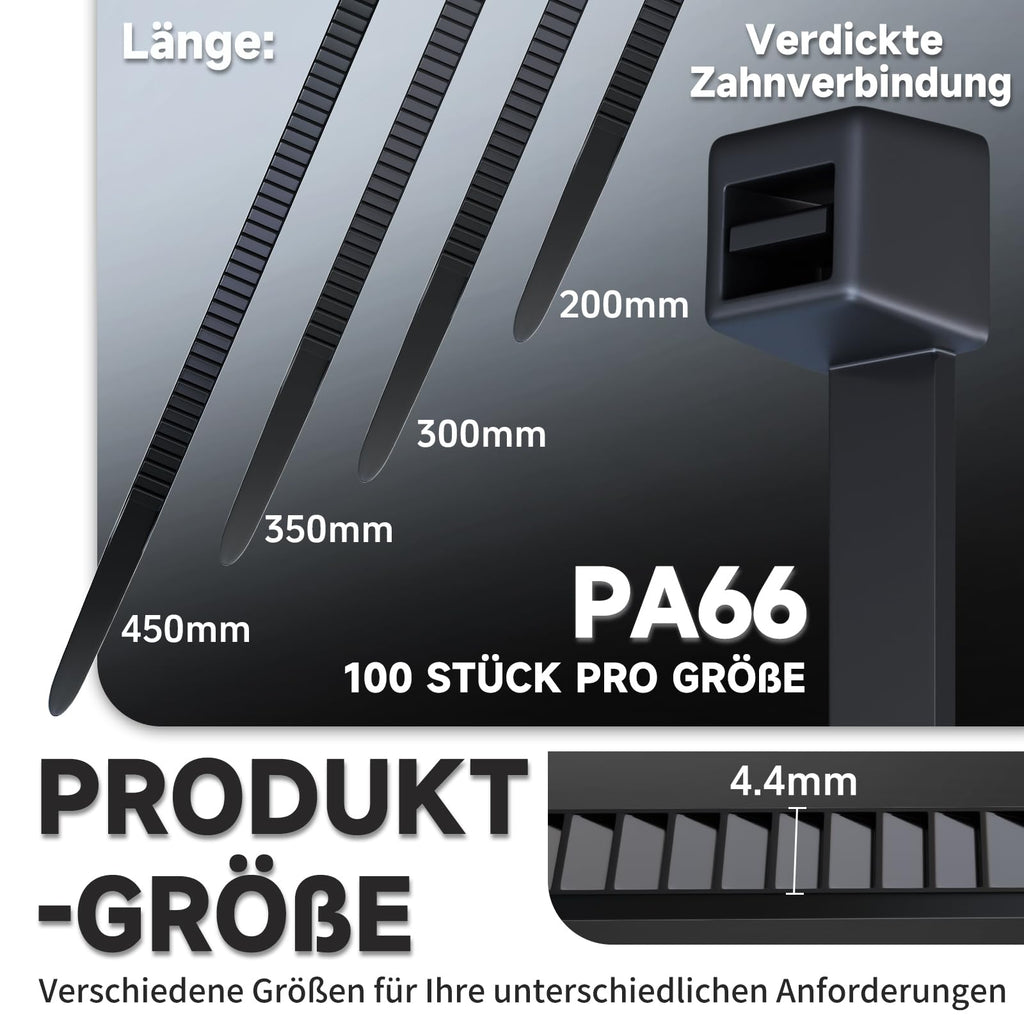 ZENIX Profi-Kabelbinder Set 400 Stück 200/300/350/450mm (je 100 Stück)| UV-beständig bis +85°C | 28Kg Zugfestigkeit | Für Innen- & Außenbereich