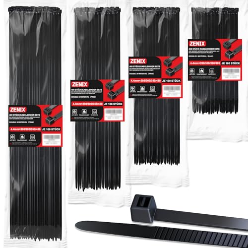 ZENIX Profi-Kabelbinder Set 400 Stück 200/300/350/450mm (je 100 Stück)| UV-beständig bis +85°C | 28Kg Zugfestigkeit | Für Innen- & Außenbereich