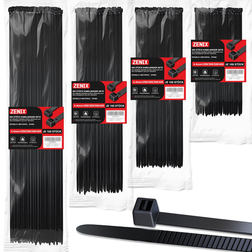 ZENIX Profi-Kabelbinder Set 400 Stück 200/300/350/450mm (je 100 Stück)| UV-beständig bis +85°C | 28Kg Zugfestigkeit | Für Innen- & Außenbereich