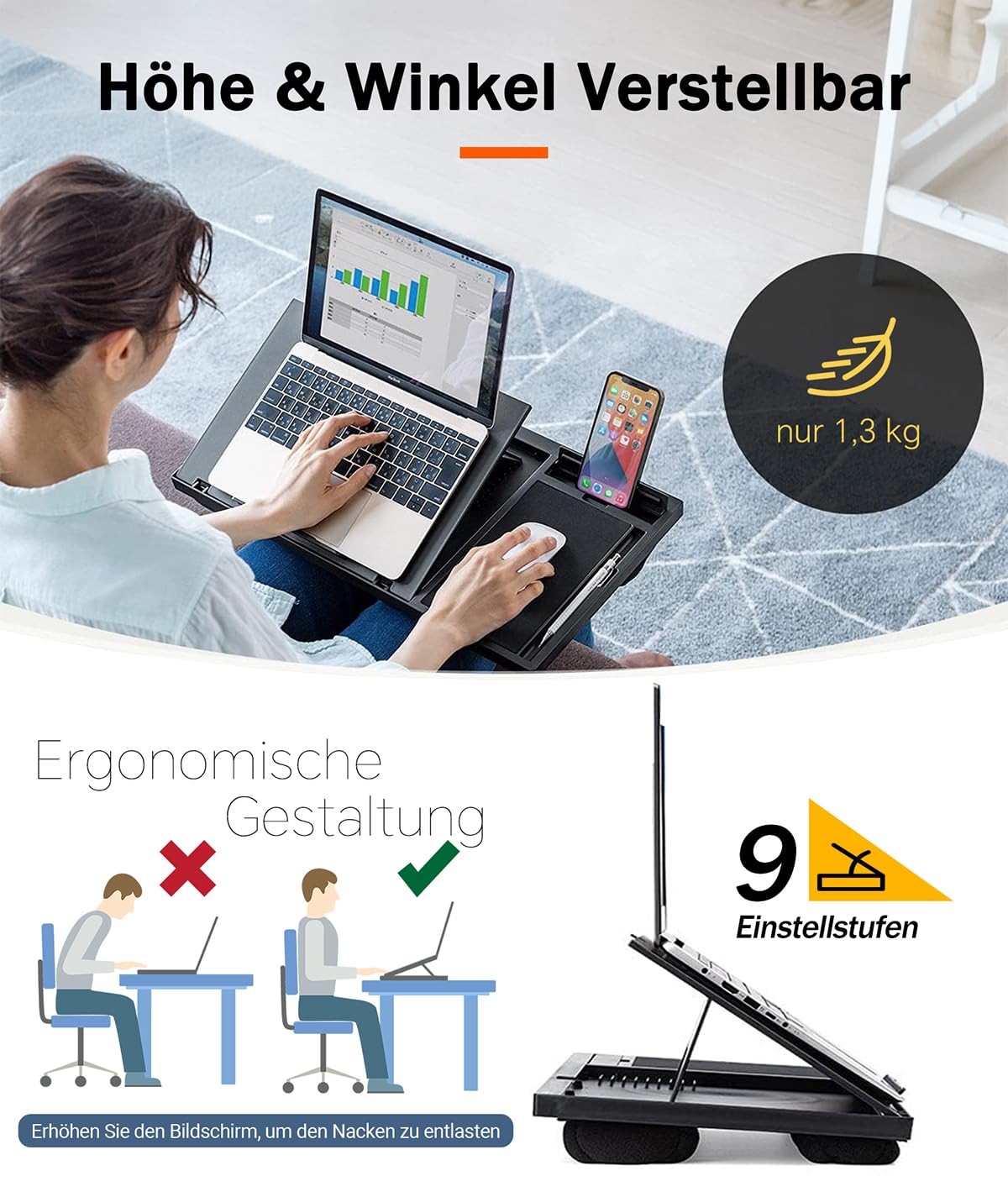 Ecognomic Laptopkissen Knietablett, Laptop Unterlage Schoß für Bett & Sofa, Value Packed mit einem Tables Stylus Pen. Für Notebooks von 13 bis 16,5 Zoll