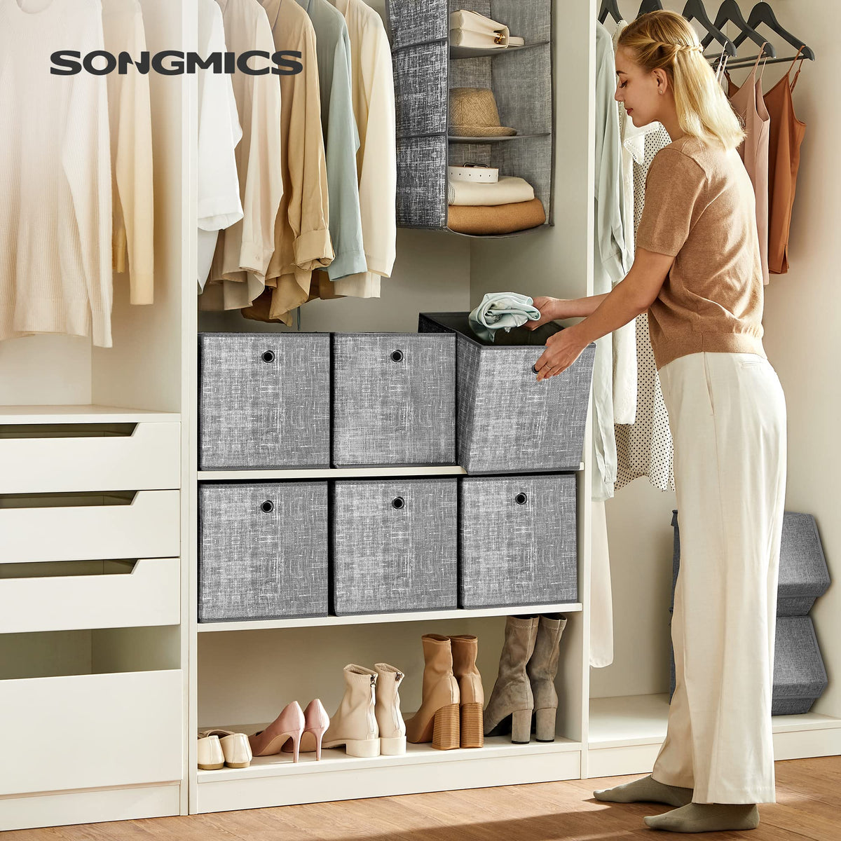 SONGMICS Aufbewahrungsbox, 6er Set, Ordnungsboxen aus Vliesstoff mit Griff, Boxen Aufbewahrung, 30 x 30 x 30 cm, Organizer Box, für Würfelregal, Faltbox, Kleideraufbewahrung, grau meliert RFB02LG-3
