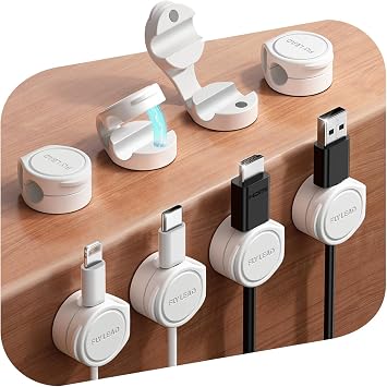 FLYLEAD 8 Stück Silikon Kabelhalter Magnetische Kabelclips Selbstklebende Kabelmanagement Schreibtisch Organizer für Nachttisch, Ladekabel, HDMI, USB, Audiokabel, Weiß