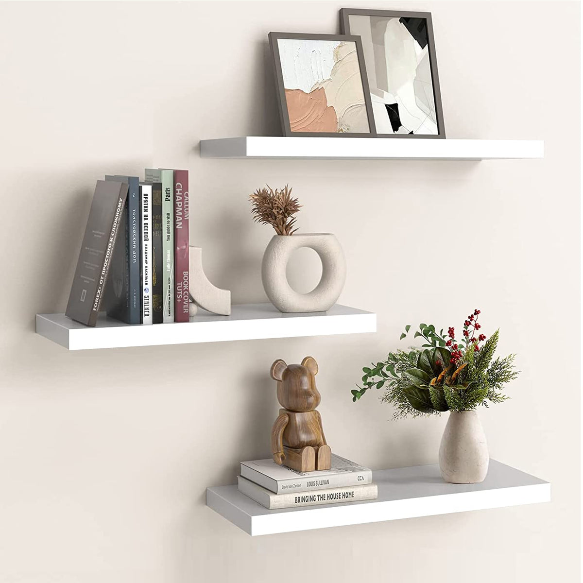 OUDIE Wandregal Weiß, 3er-Set Schweberegal, Moderne Weiss Wand Regal, Dekorative Wandregal, Verwendung für Wohnzimmer, Küche, Schlafzimmer, Büro, Flur und mehr