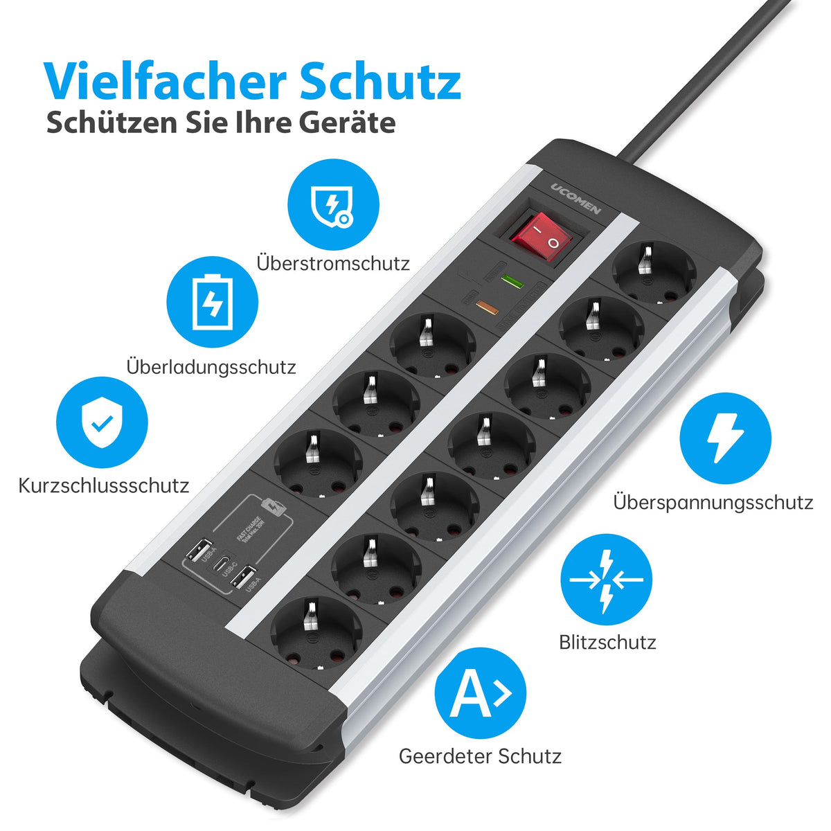10-Fach Steckdosenleiste mit USB-C PD 20W, Überspannungsschutz