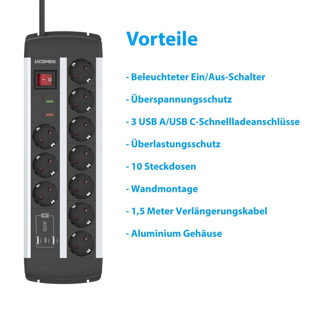 10-Fach Steckdosenleiste mit USB-C PD 20W, Überspannungsschutz