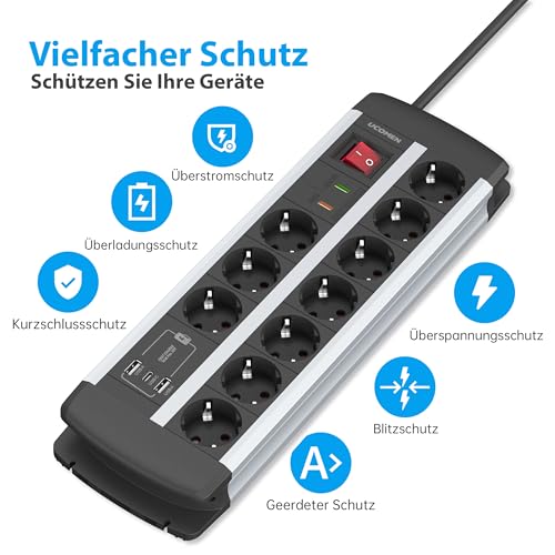 10-Fach Steckdosenleiste mit USB-C PD 20W, Überspannungsschutz