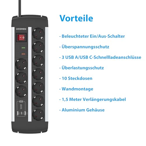 10-Fach Steckdosenleiste mit USB-C PD 20W, Überspannungsschutz