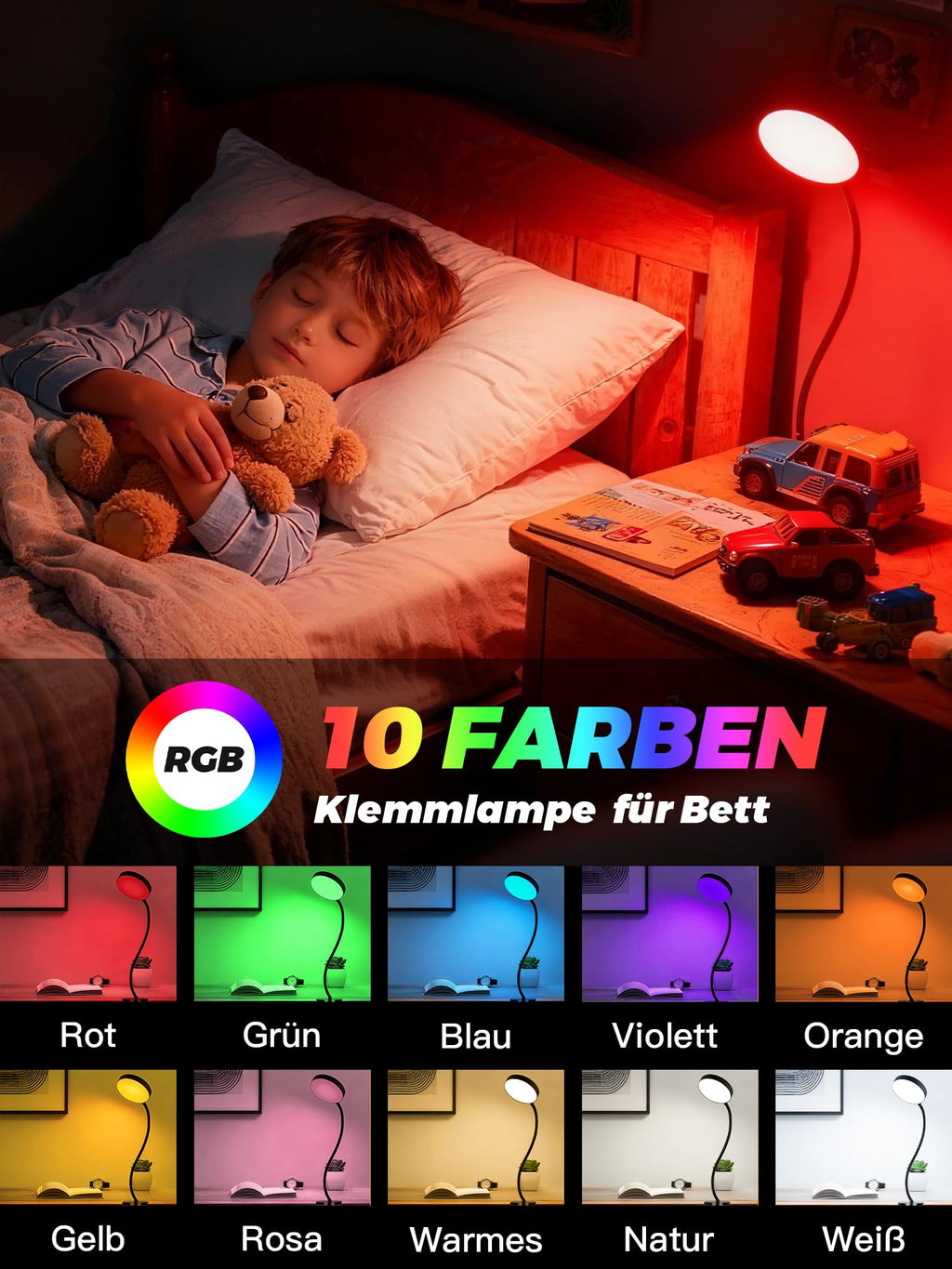 Leselampe Bett, 10 RGB Farben+10 Helligkeit Klemmlampe, 72 LED Klemmleuchte