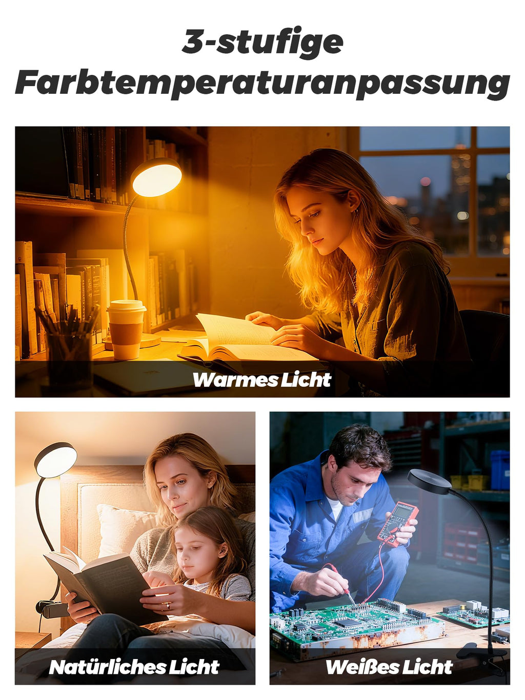 Leselampe Bett, 10 RGB Farben+10 Helligkeit Klemmlampe, 72 LED Klemmleuchte