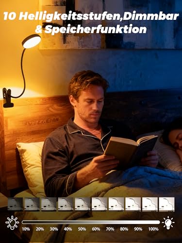 Leselampe Bett, 10 RGB Farben+10 Helligkeit Klemmlampe, 72 LED Klemmleuchte