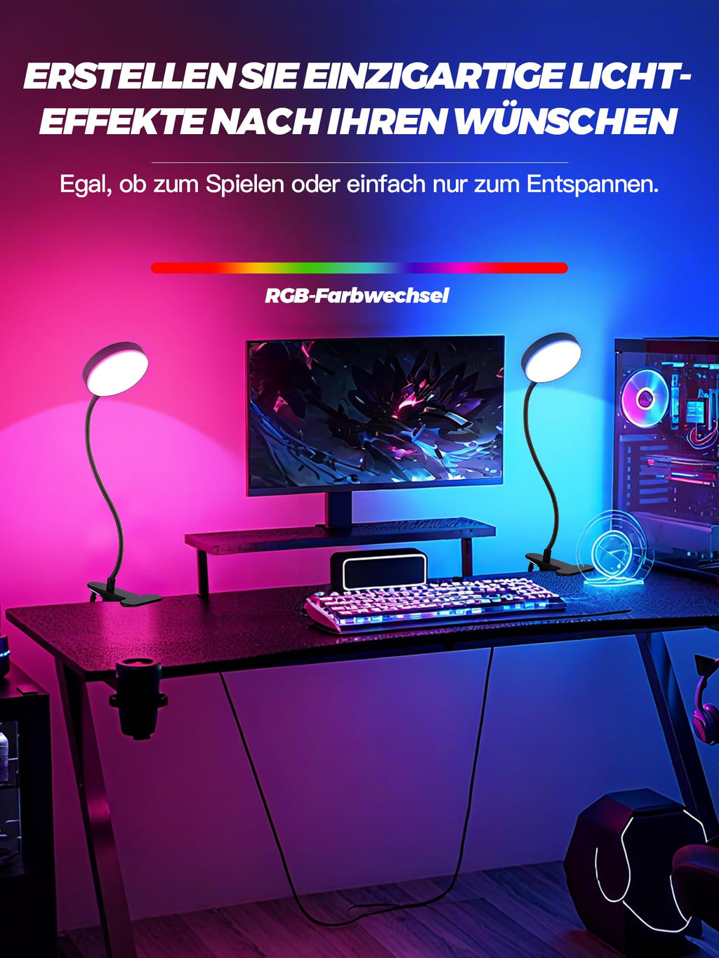 Leselampe Bett, 10 RGB Farben+10 Helligkeit Klemmlampe, 72 LED Klemmleuchte