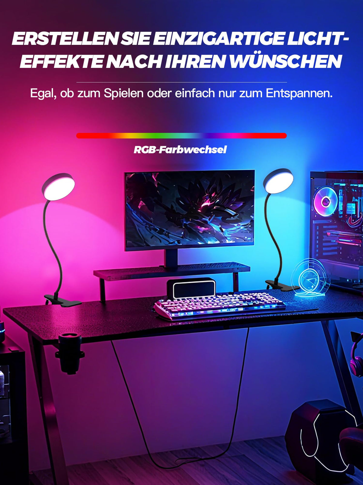 Leselampe Bett, 10 RGB Farben+10 Helligkeit Klemmlampe, 72 LED Klemmleuchte
