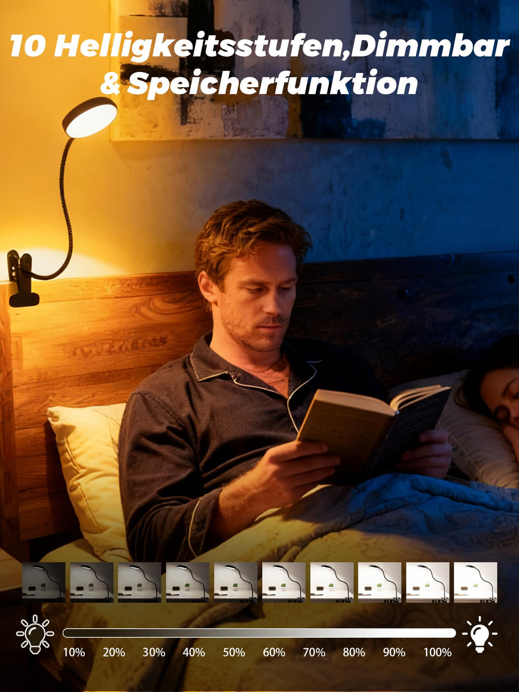 Leselampe Bett, 10 RGB Farben+10 Helligkeit Klemmlampe, 72 LED Klemmleuchte