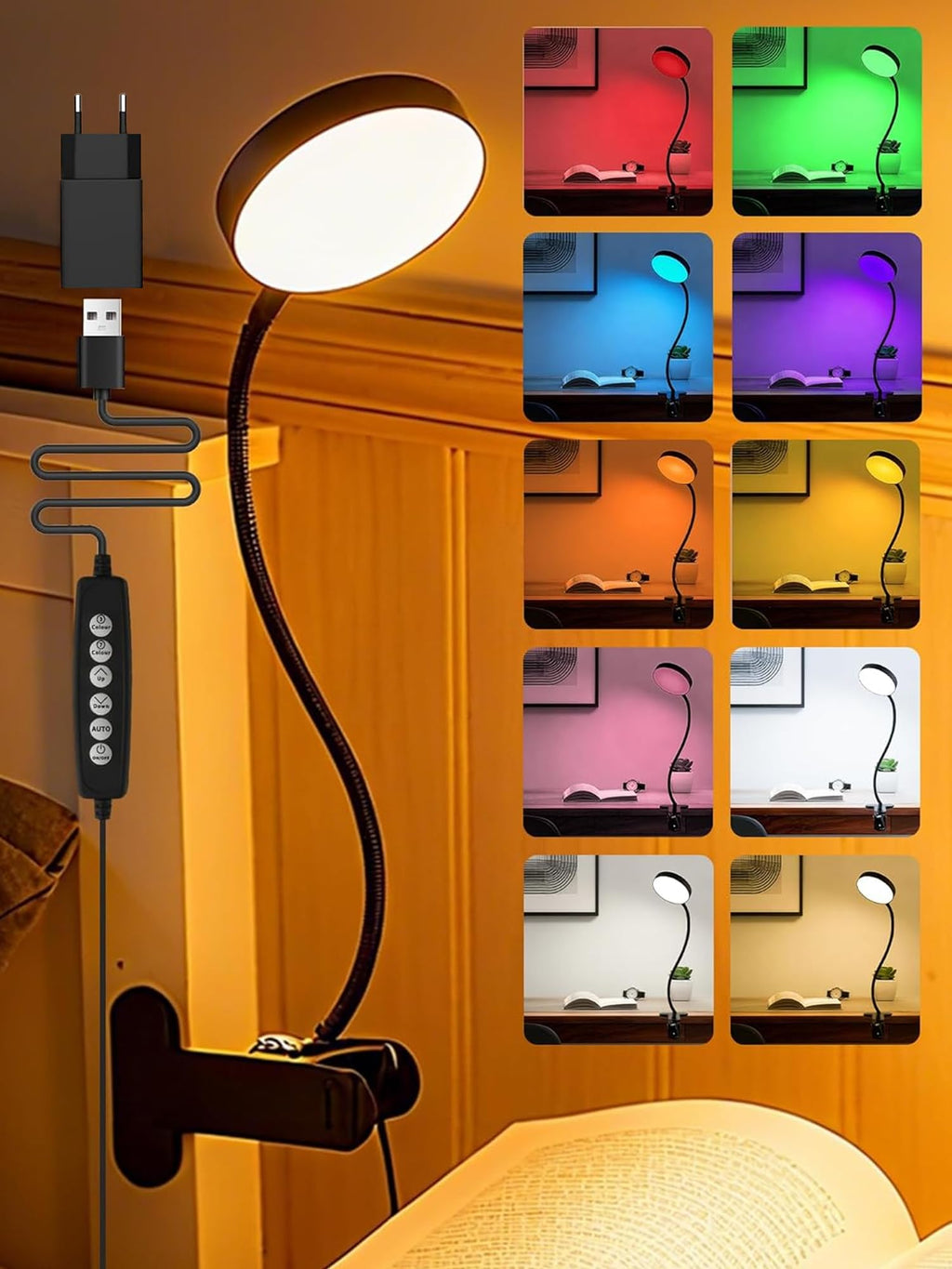 Leselampe Bett, 10 RGB Farben+10 Helligkeit Klemmlampe, 72 LED Klemmleuchte