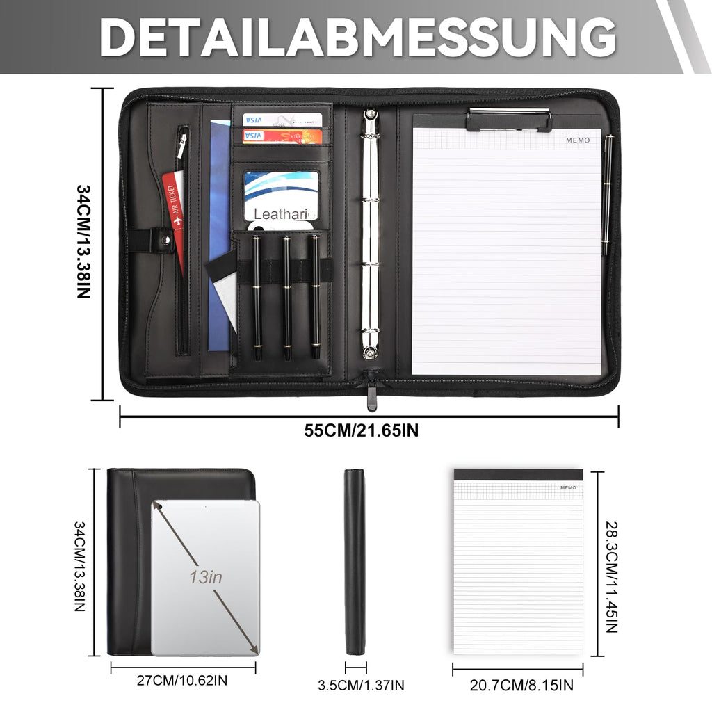 Leathario Schreibmappe A4 mit Reißverschluss, Konferenzmappe 10 Klarsichthüllen, Dokumentenmappe 4 Ringbuch, Ringmappe, Aktenmappe mit Notizblock,Mappe, für Meeting, Business ikl.1 Kugelschreiber