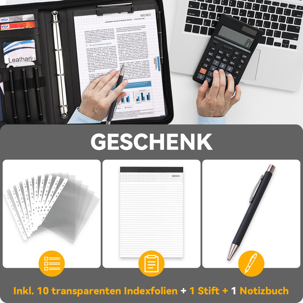 Leathario Schreibmappe A4 mit Reißverschluss, Konferenzmappe 10 Klarsichthüllen, Dokumentenmappe 4 Ringbuch, Ringmappe, Aktenmappe mit Notizblock,Mappe, für Meeting, Business ikl.1 Kugelschreiber