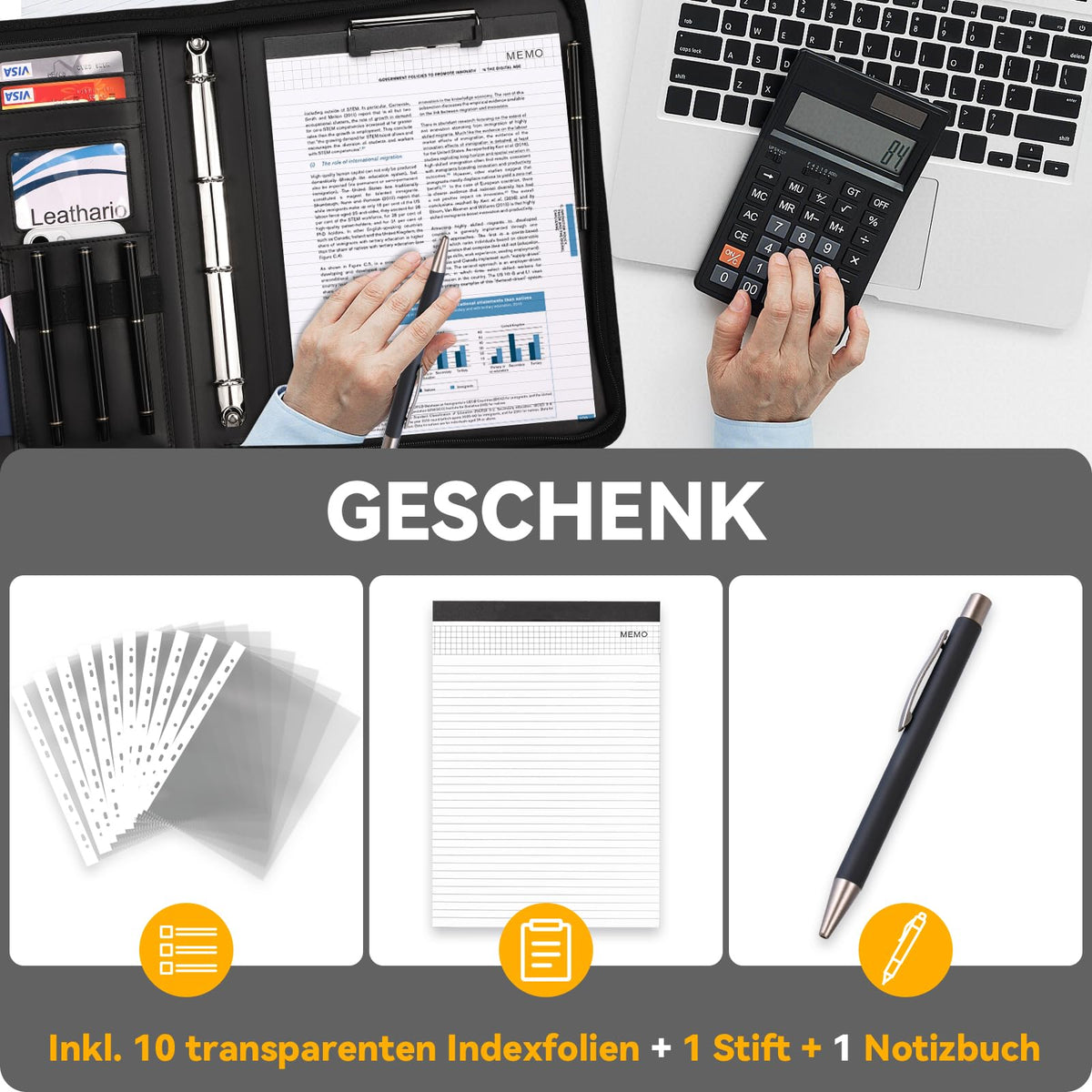 Leathario Schreibmappe A4 mit Reißverschluss, Konferenzmappe 10 Klarsichthüllen, Dokumentenmappe 4 Ringbuch, Ringmappe, Aktenmappe mit Notizblock,Mappe, für Meeting, Business ikl.1 Kugelschreiber