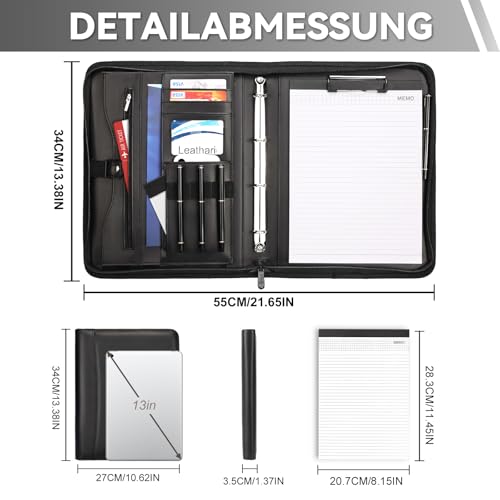 Leathario Schreibmappe A4 mit Reißverschluss, Konferenzmappe 10 Klarsichthüllen, Dokumentenmappe 4 Ringbuch, Ringmappe, Aktenmappe mit Notizblock,Mappe, für Meeting, Business ikl.1 Kugelschreiber