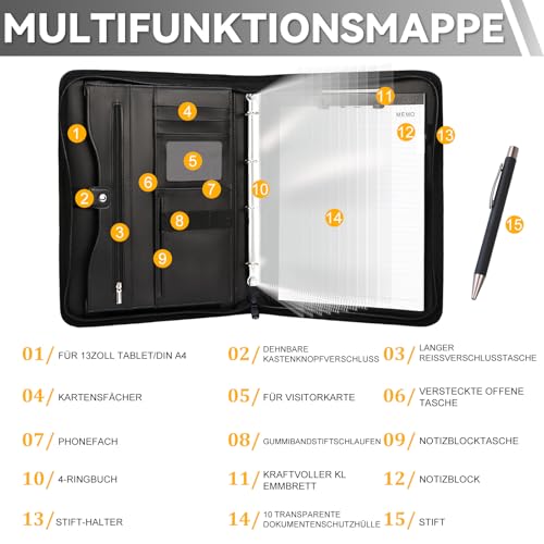 Leathario Schreibmappe A4 mit Reißverschluss, Konferenzmappe 10 Klarsichthüllen, Dokumentenmappe 4 Ringbuch, Ringmappe, Aktenmappe mit Notizblock,Mappe, für Meeting, Business ikl.1 Kugelschreiber