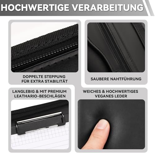Leathario Schreibmappe A4 mit Reißverschluss, Konferenzmappe 10 Klarsichthüllen, Dokumentenmappe 4 Ringbuch, Ringmappe, Aktenmappe mit Notizblock,Mappe, für Meeting, Business ikl.1 Kugelschreiber