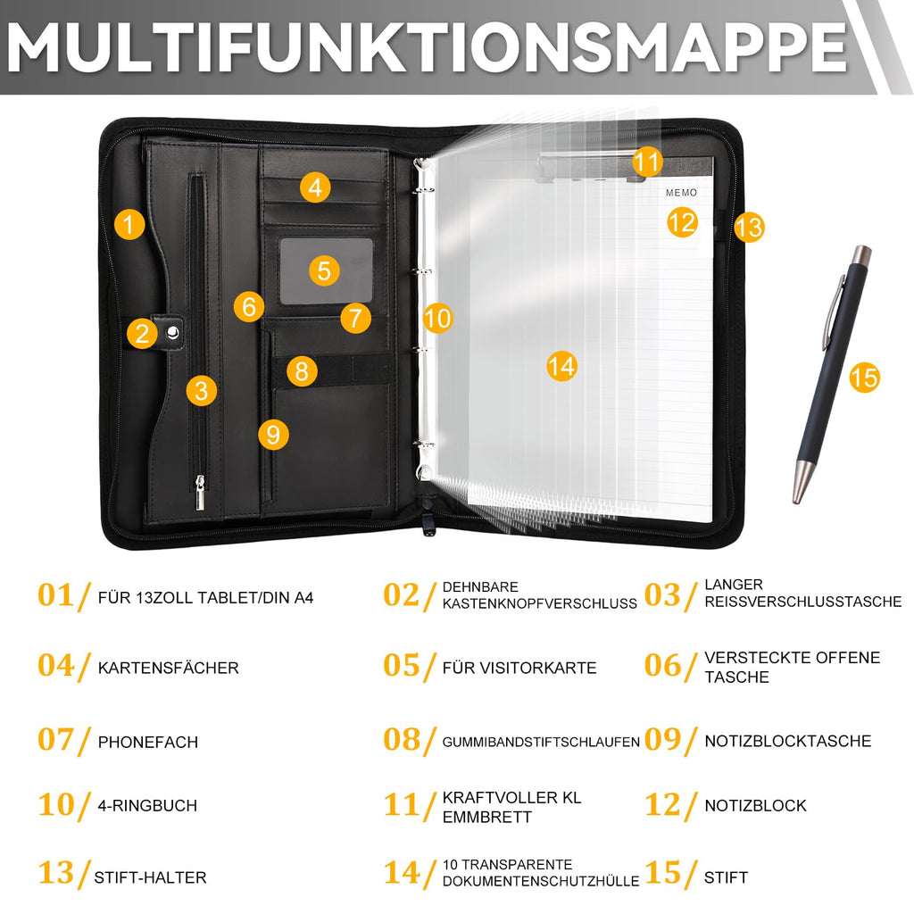 Leathario Schreibmappe A4 mit Reißverschluss, Konferenzmappe 10 Klarsichthüllen, Dokumentenmappe 4 Ringbuch, Ringmappe, Aktenmappe mit Notizblock,Mappe, für Meeting, Business ikl.1 Kugelschreiber