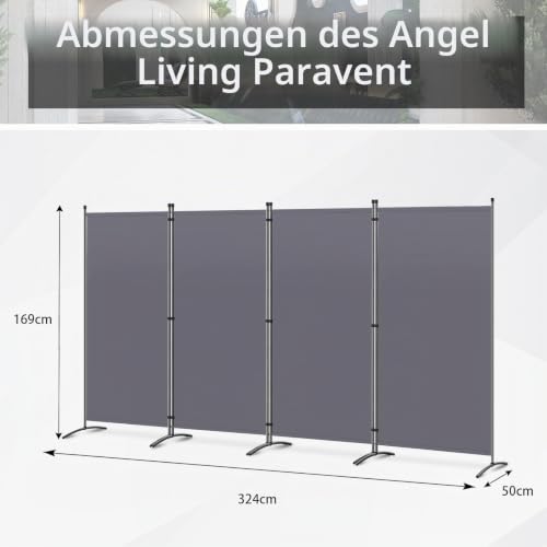 Angel Living Paravent 4 Teilig 324 x170cm Grau,Stellwand Sichtschutz Faltbarer Raumteiler Trennwand Sichtschut für Draußen Garten Schlafzimmer Wohnzimmer Büro Innen