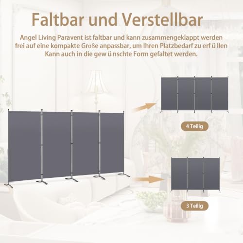 Angel Living Paravent 4 Teilig 324 x170cm Grau,Stellwand Sichtschutz Faltbarer Raumteiler Trennwand Sichtschut für Draußen Garten Schlafzimmer Wohnzimmer Büro Innen