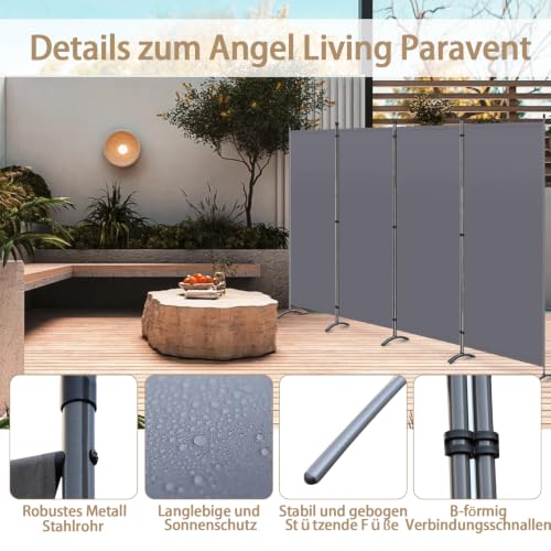 Angel Living Paravent 4 Teilig 324 x170cm Grau,Stellwand Sichtschutz Faltbarer Raumteiler Trennwand Sichtschut für Draußen Garten Schlafzimmer Wohnzimmer Büro Innen