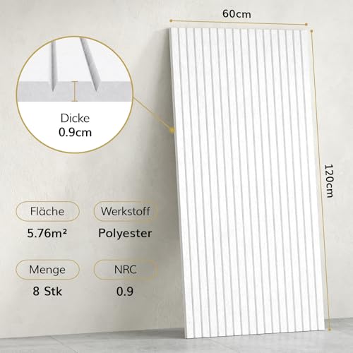 TONOR 8 Pack Akustikpaneele selbstklebend für deko 120x60x0.9 cm, Weiß