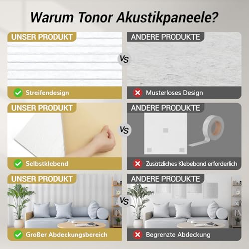TONOR 8 Pack Akustikpaneele selbstklebend für deko 120x60x0.9 cm, Weiß