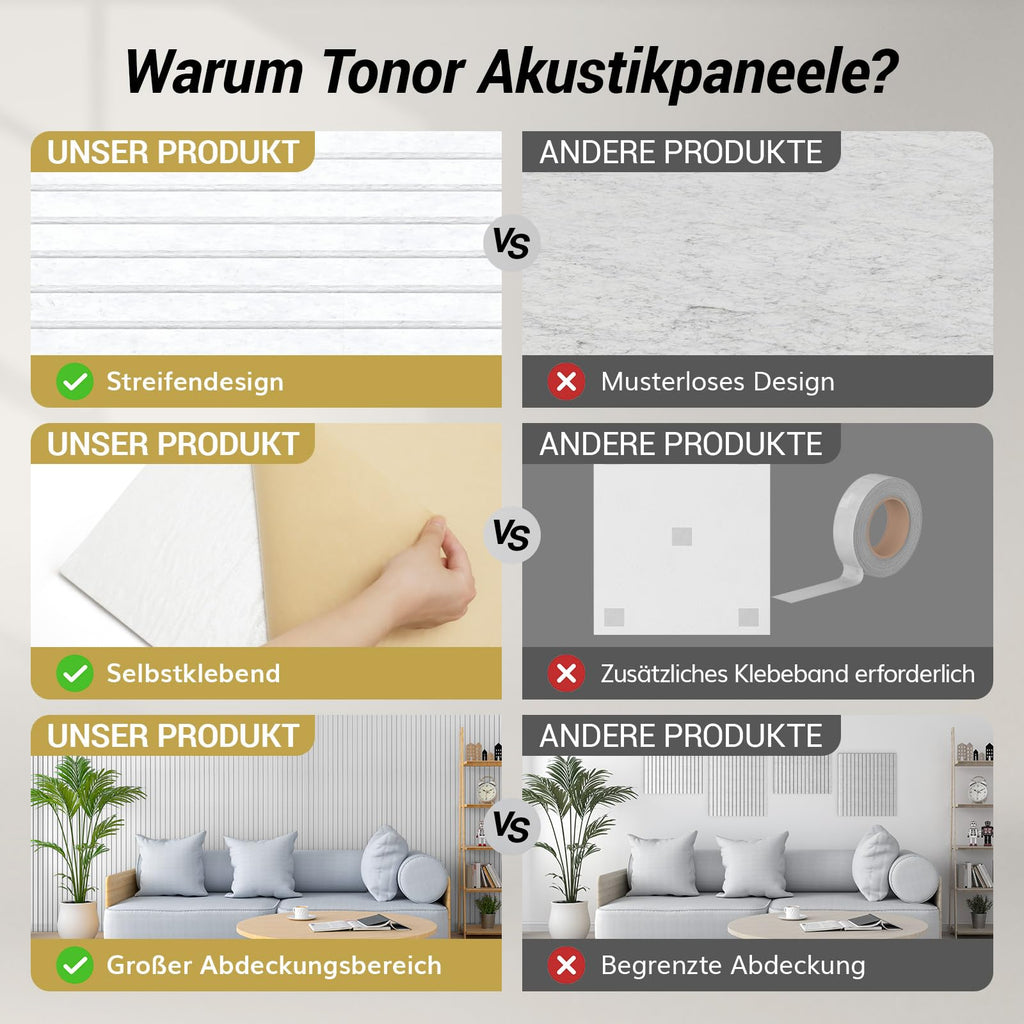 TONOR 8 Pack Akustikpaneele selbstklebend für deko 120x60x0.9 cm, Weiß