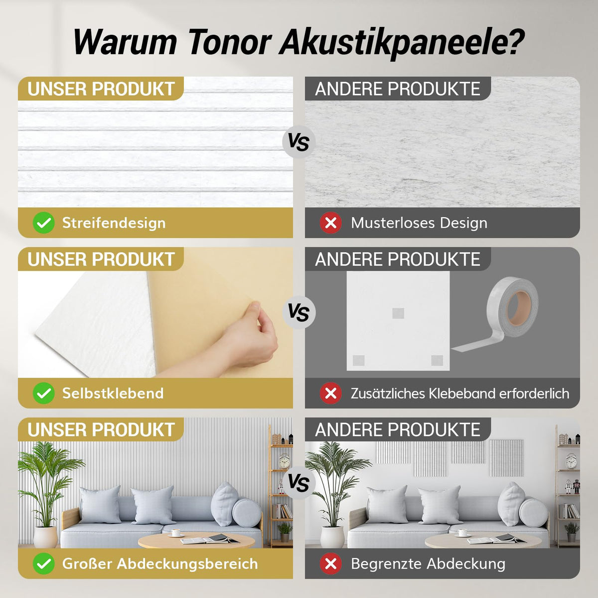 TONOR 8 Pack Akustikpaneele selbstklebend für deko 120x60x0.9 cm, Weiß