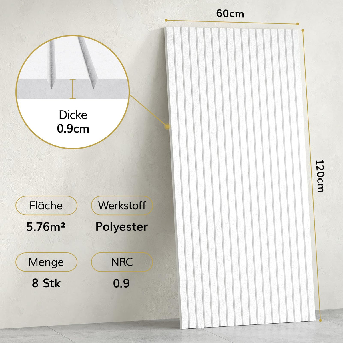 TONOR 8 Pack Akustikpaneele selbstklebend für deko 120x60x0.9 cm, Weiß