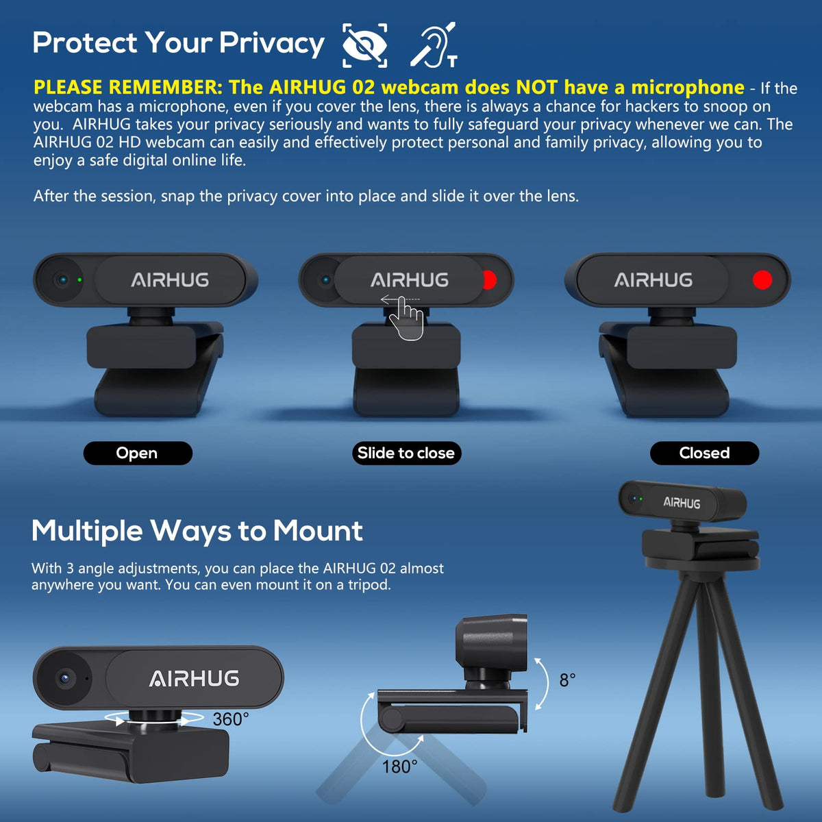 AIRHUG 2K Webcam ohne Mikrofon, mit Privacy-Abdeckung, USB für PC