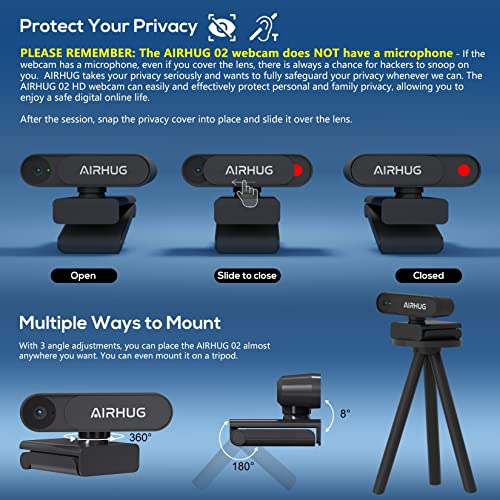 AIRHUG 2K Webcam ohne Mikrofon, mit Privacy-Abdeckung, USB für PC
