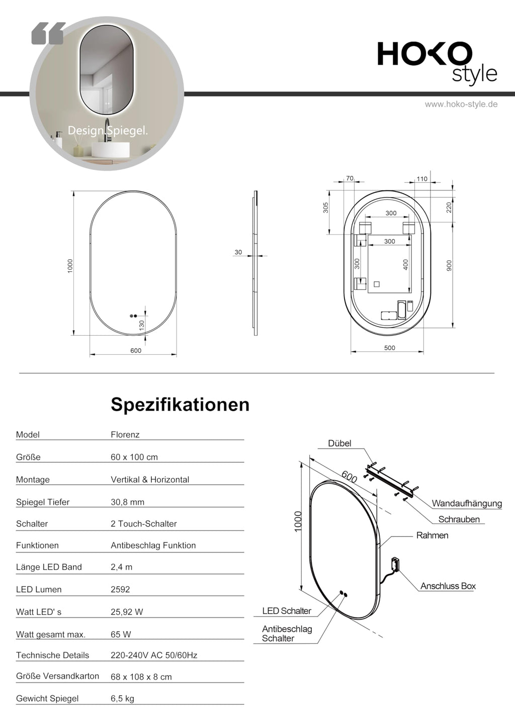 HOKO Design LED Spiegel Beschlagfrei oval 60x100 cm / 100x60 cm Florenz+ Metall Rahmen Schwarz. HOCH+QUER Montage. Badspiegel groß + 2 Touch Schalter + LED Licht Wechsel-Warmweiß-Kaltweiß-Neutral